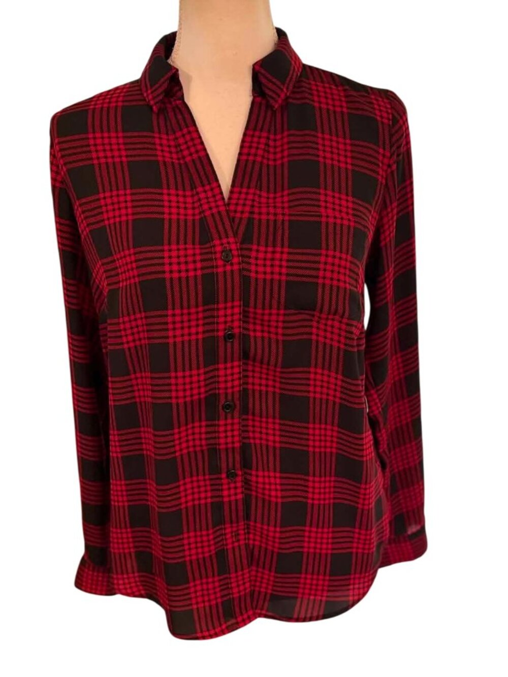 The Limited Blouse Women's Small Plaid Red Black Button Up Tab Sleeve Shirt Top